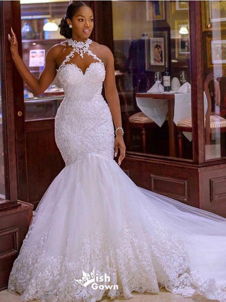 Elegant High Neck With Train Princess Lace Embroidery Wedding Gown –  TulleLux Bridal Crowns & Accessories
